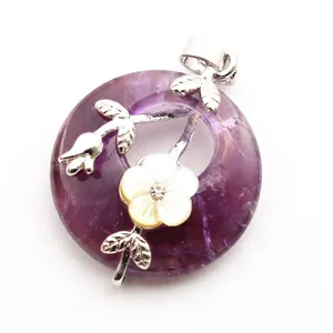 Elegant purple crystal flower donut pendant necklace with intricate floral silver accents