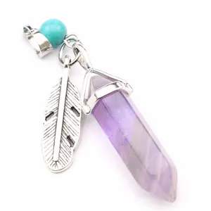 Detail of purple hexagonal crystal pendant with silver feather and turquoise bead