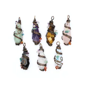 Seven styles of wire-wrapped crystal pendants with faceted hexagonal points