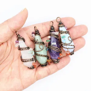 Close-up detail of four vintage faceted crystal pendants with copper wire wrap.