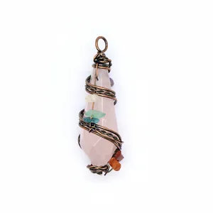 Macro view of vintage faceted crystal pendant with intricate antique copper wire wrap details