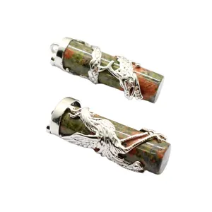 Unakite stone dragon and phoenix column pendants for couples in traditional style