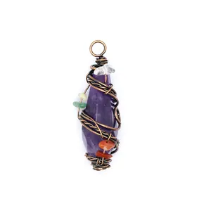 Detailed view of a faceted amethyst crystal pendant wrapped in vintage bronze wire.