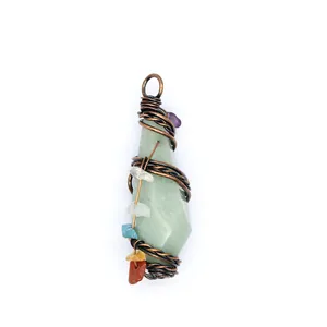Close-up of a faceted green crystal pendant with rustic wire wrap and accent stones.