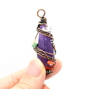 Detailed view of a hand-wrapped purple amethyst crystal pendant with copper wire