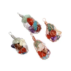Close-up detail view of crystal gravel mesh pocket pendants with colorful natural stones