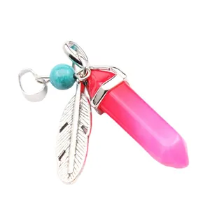 Hexagonal pink crystal pendant with silver feather and turquoise bead charm necklace