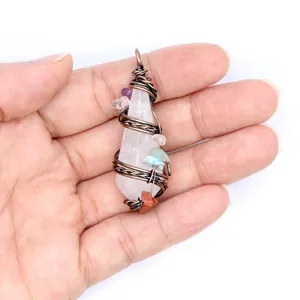 Handcrafted vintage white crystal pendant wrapped in antique copper wire with colorful accent stones.