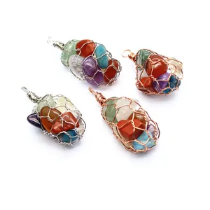 Detailed shot of handmade wire-wrapped crystal gravel pendants with colorful natural stones