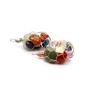 Detailed view of handmade wire-wrapped crystal gravel mesh net pendants in two colors