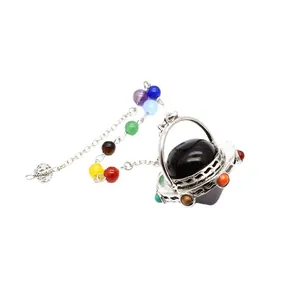 Péndulo cónico de cristal natural diseño OVNI con cuentas de colores y cadena de plata