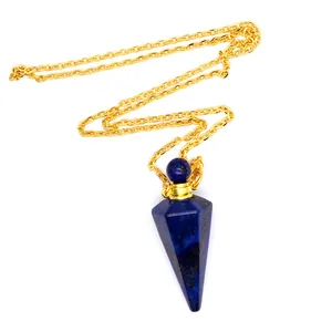 Macro detail of a natural lapis lazuli hexagonal cone perfume bottle pendant necklace
