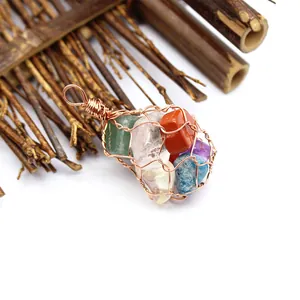 Detailed view of wire-wrapped mesh pendant with multi-colored natural crystal stones.