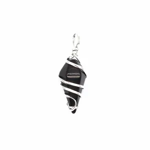 Detailed macro view of a hexagonal black obsidian cone pendant with silver wire wrap