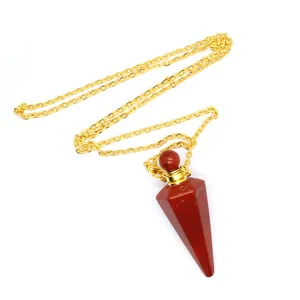 Detailed view of red jasper hexagonal cone perfume bottle pendant necklace with gold chain