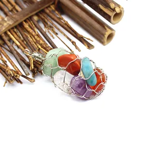 Detailed view of handmade silver wire mesh pendant filled with colorful natural crystal stones
