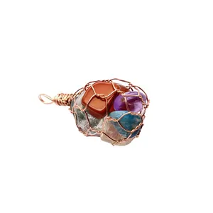 Handmade rose gold copper wire mesh pendant filled with colorful natural crystal stones