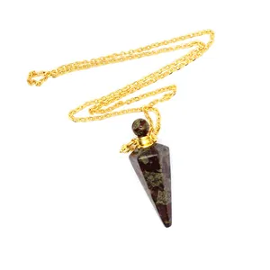 Detailed view of a hexagonal conical crystal perfume bottle pendant with gold chain