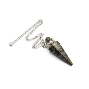 Detailed view of natural stone hexagonal column perfume bottle pendant with silver chain