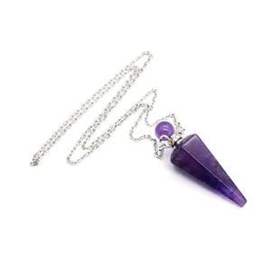 Close-up of a purple crystal hexagonal prism perfume bottle pendant with silver chain.