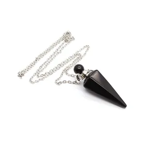 Close-up of black cone-shaped crystal stone perfume bottle pendant with silver chain
