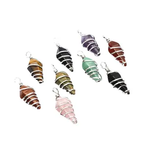 Hexagonal crystal cone pendants with wire wrap spiral design in various natural stones