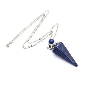 Close-up of a blue lapis lazuli hexagonal cone pendant perfume bottle on a chain.