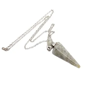 Minimalist hexagonal cone Labradorite pendant perfume bottle necklace with silver chain