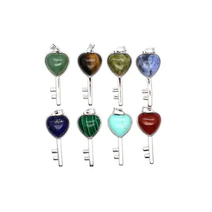 Heart Natural Stone Key Pendant For Men Women Alloy Keychain Charm Tiger Eye Turquoise Amethyst Quartz Jewelry Gift