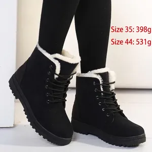 Damen Schneestiefel Warm Kunstpelz Gefüttert Wildleder Kurzstiefel Schnürung Flacher Absatz Rutschfest Winter Baumwollschuhe