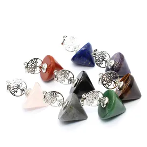 Tree of Life Pendant Natural Stone Dowsing Pendulum Alloy Silver Plated Conical Healing Crystal Gemstone Charm Jewelry Only