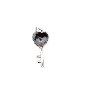 Exquisite heart key pendant with natural snowflake obsidian stone in silver tone
