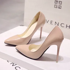 Elegant nude patent leather stiletto pumps with pointed toe for women SKU style.