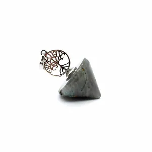 Close-up detail of a labradorite stone pendulum pendant with Tree of Life metal cap.