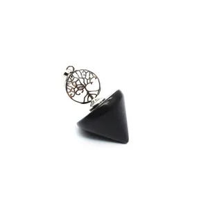 A black obsidian cone-shaped pendulum pendant featuring a silver Tree of Life charm