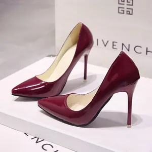 Elegant wine red patent leather pointed-toe stiletto high heels for women with sleek finish