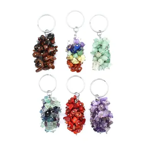 Natural Stone Crushed Gravel Pendant Keychain Irregular Healing Crystal Bag Charm Boho Handwoven Jewelry Key Ring Accessory