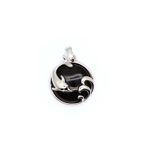 Polished silver dolphin and ocean wave circular pendant necklace with black onyx gemstone