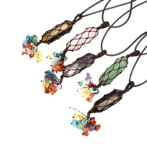 Collier Pendentif Point Hexagonal en Obsidienne Pierre Naturelle Tissé à la Main Bijoux Bohème Chakra Pierre Concassée
