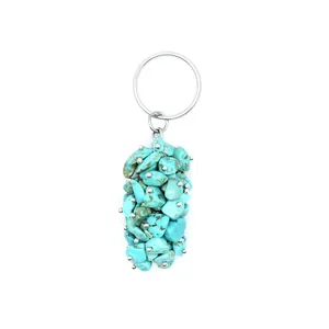 Detailed view of turquoise crystal gravel pendant keychain with silver ring