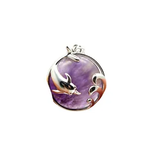 Elegant silver dolphin pendant necklace with natural round purple crystal stone