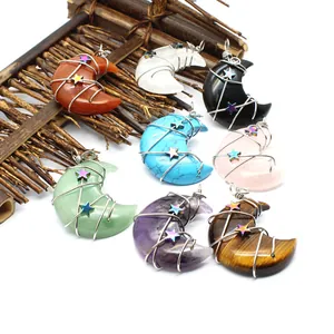 Collar con Colgante de Luna Creciente Envuelto en Alambre Hecho a Mano Piedras Naturales Estrellas Joyería Boho de Cristal