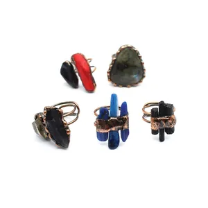 Vintage Natural Labradorite Raw Stone Open Ring Handmade Wire Wrapped Adjustable Crystal Finger Jewelry For Women