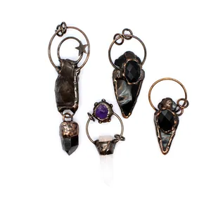 Collar con Colgante de Piedra Bruta de Cristal de Cuarzo Ahumado Natural Joyería Bohemia Envuelta en Alambre de Aleación Vintage para Hombres Mujeres