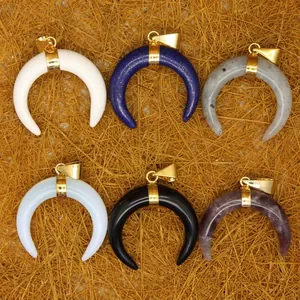 Crescent Moon Horn Stone Pendant Only Without Chain Bohemian Natural Amethyst Rose Quartz Lapis Lazuli Labradorite Pendants For Women