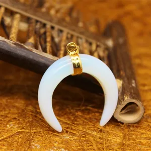 Elegant opalite crescent moon horn pendant with shiny gold-plated bail for necklaces