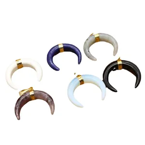 Collection of six vibrant natural stone crescent horn pendants with elegant gold metal bails