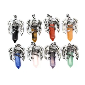 Multi-colored dragon wrapped hexagonal crystal point pendants in assorted natural stone styles