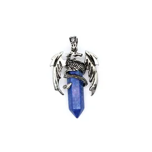 Close-up macro view of flying dragon pendant with blue hexagonal lapis lazuli crystal stone