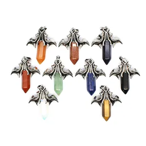 Gothic bat wing dragon pendants with hexagonal crystal pillars in various colors